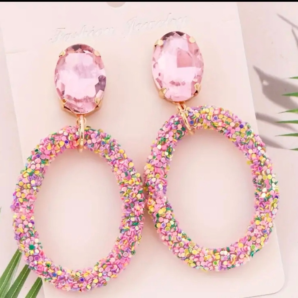 Elegant Pink sequin dangle, drop earrings